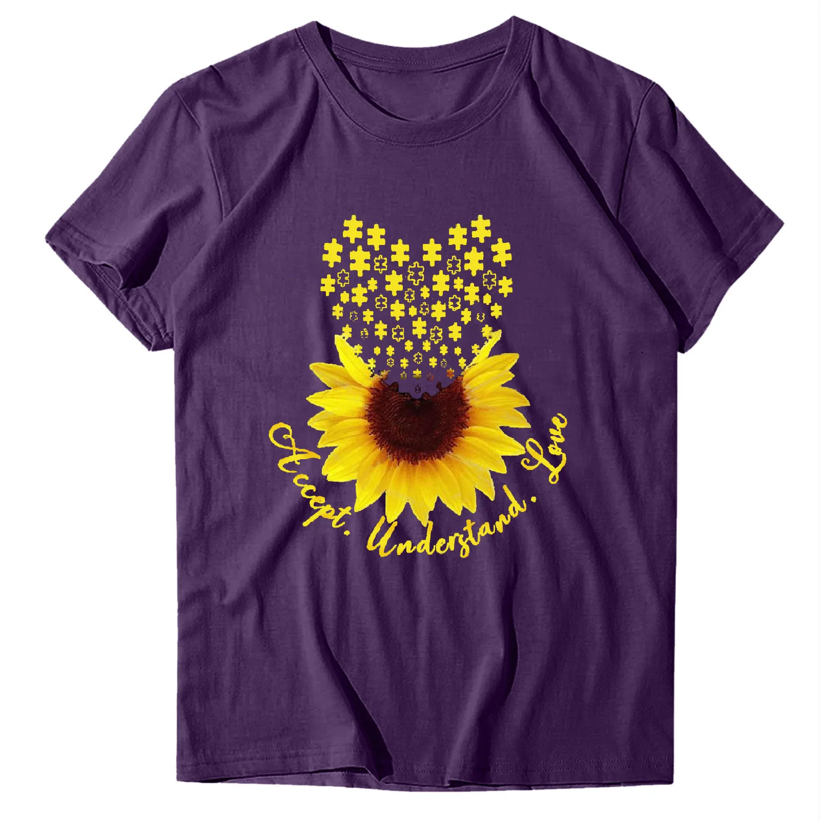 

Plus Size Women Sunflower Puzzle Print T-shirts Ladies Summer Casual Short Sleeve Funny Graphic Tee Aesthetic Top Streetwear A40