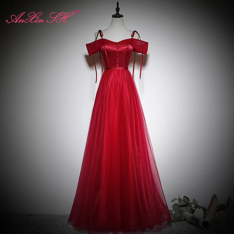 

AnXin SH принцессы цвет красного вина атласное вечернее платье в винтажном стиле; Вечерние с вырезом «лодочка невесты без рукавов с пуговицами,...