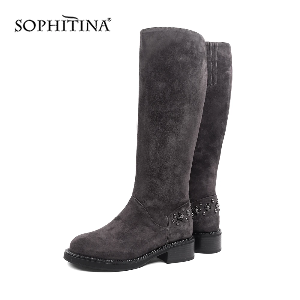SOPHITINA/теплые женские ботинки из высококачественной натуральной кожи; удобная обувь с круглым носком на квадратном каблуке; Новые однотонные ботинки на молнии; SC431