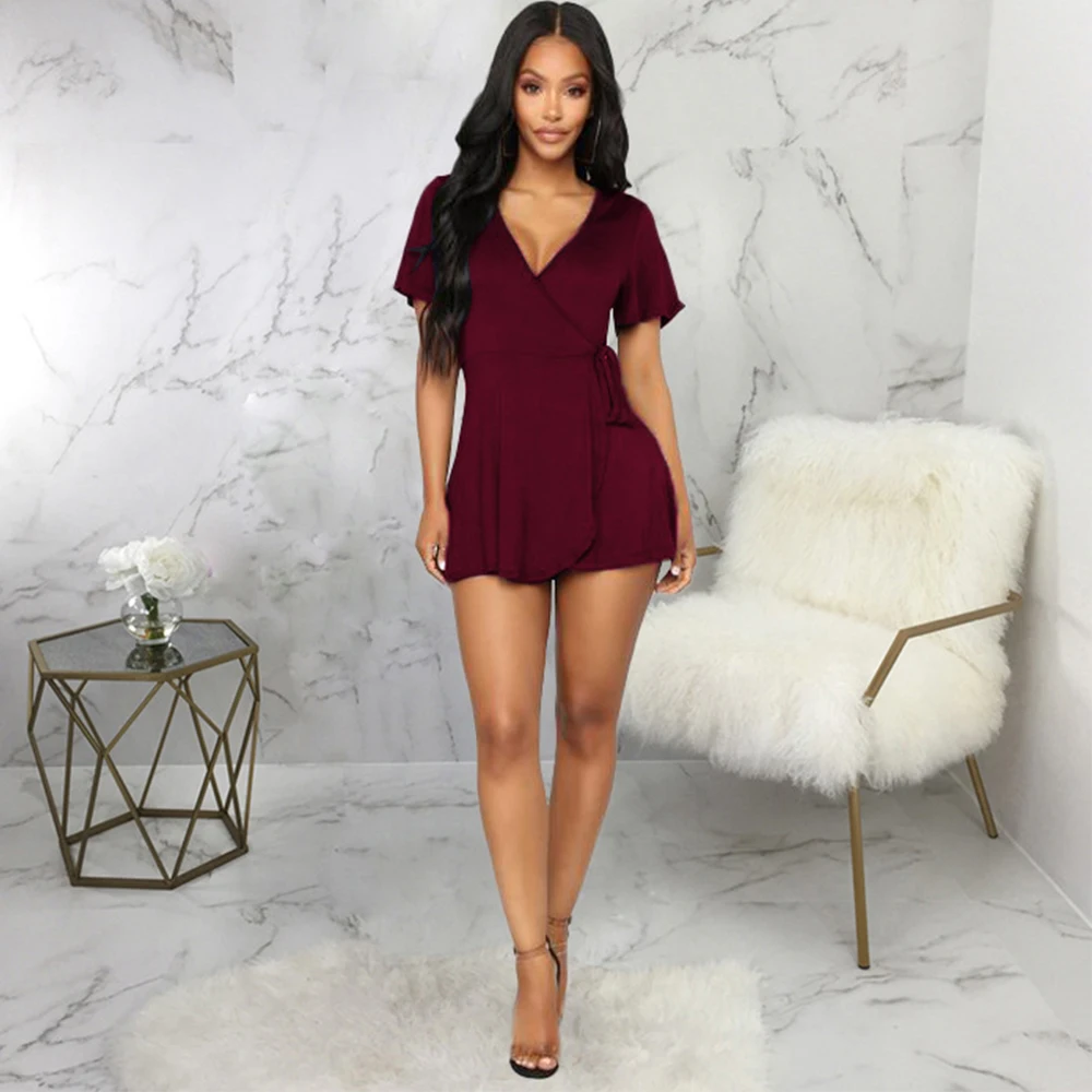 

Sexy Solid Loose Short Rompers Womens Jumpsuit Deep V Neck Short Sleeve One Piece Overalls Casual Lady Beach Holiday Bodysuits