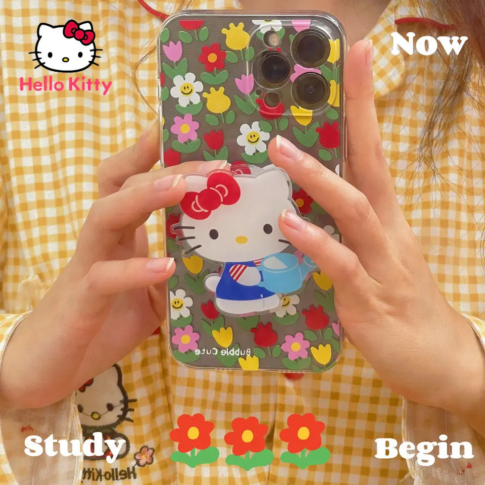 

Hello Kitty Cartoon Flower Stand Phone Case for iPhone13 13Pro 13Promax 12 12Pro Max 11 11Pro XS 7 8P Transparent Silicone Case