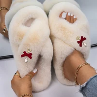 women slippers furry indoor slides 925 silver red flocking bow decor faux fur flat sandals cute pearl slippers retro shoes 2022