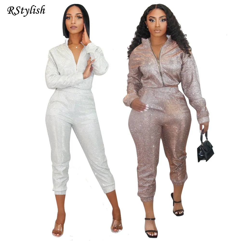 

RStylish Sequin 2021 Spring Women 2 Piece Sets Hot Stamping Tracksuit Full Sleeve Zipper Coat+Skinny Pant Set Club Party Outfits