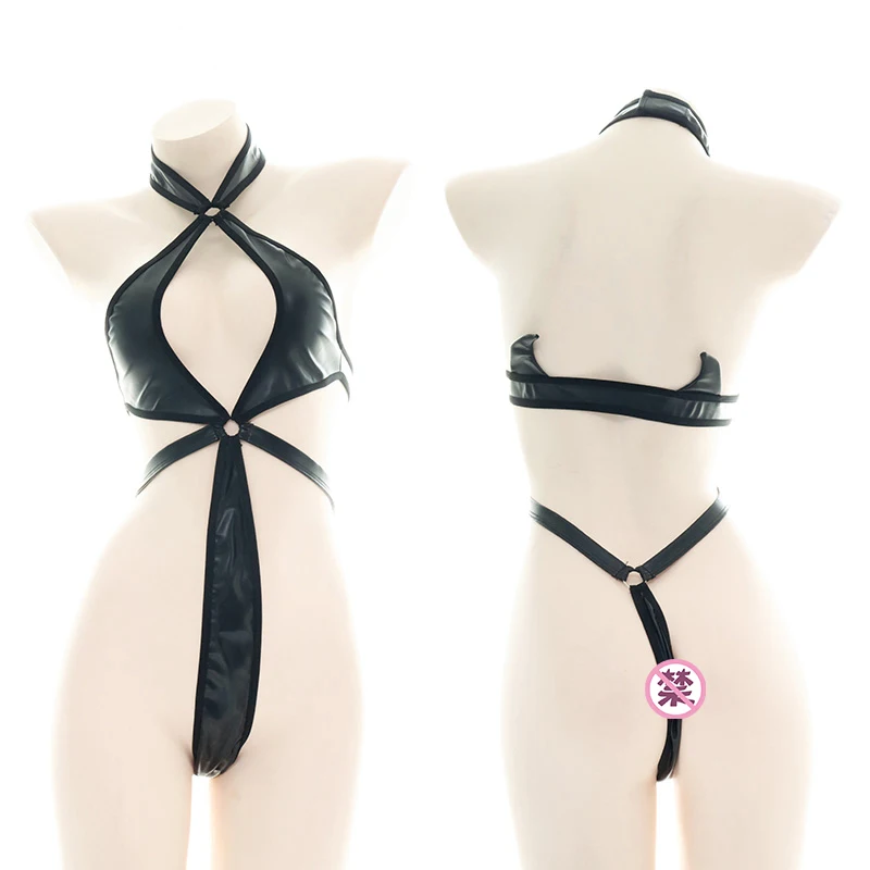 

Original Patent Leather One-piece Bikini Sexy Lolita Soft Sister Leisure Wear Three-point Underwear Pure Color Hollow Out Gothic