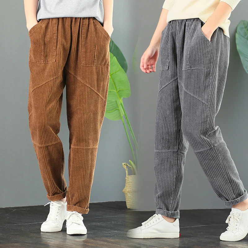 

Corduroy Trousers Autumn and Winter New Artistic Retro Loose Versatile Large Size Slimming Harem Pants Thick Casual Pants for