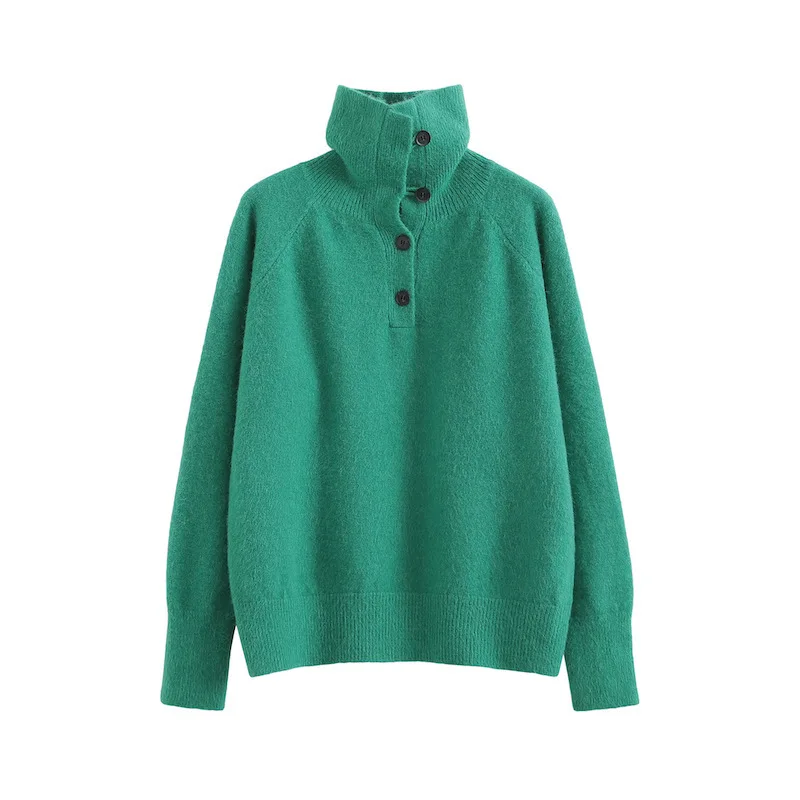 

Зимний дизайнерский вязаный свитер с воротником-хомутом на пуговицах, женские пуловеры, осень 2021, новый однотонный Свободный Вязаный топ, т...