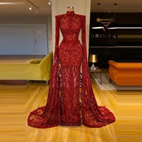 sexy red evening gowns for women full beadings appliques high neck sheer long sleeves plus size luxury arabic long gowns