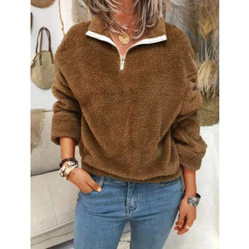 

Fleece Tops Loose Casual Solid Color Patchwork Autumn Winter Sweatshirt Stand Collar Zipper Up Large Hoodies Women Sweatshirts