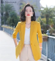 fashion styles elegant yellow half sleeve blazers jackets coat for women business work wear spring summer ol styles blaser tops