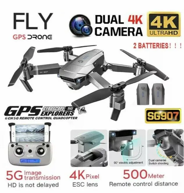 

UK SG907 4K 5G Drone с двойной камерой GPS с 2 батареями дистанционного радиуса действия 500 м. Великобритания