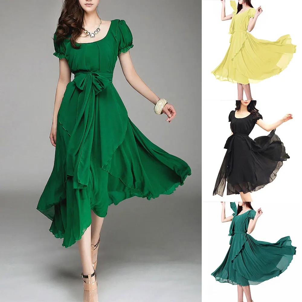 

Summer Women Soild Color Long Dress Formal Dress Elegant Womens Clothing Dresses Boho O neck Chiffon Sundress with Belt