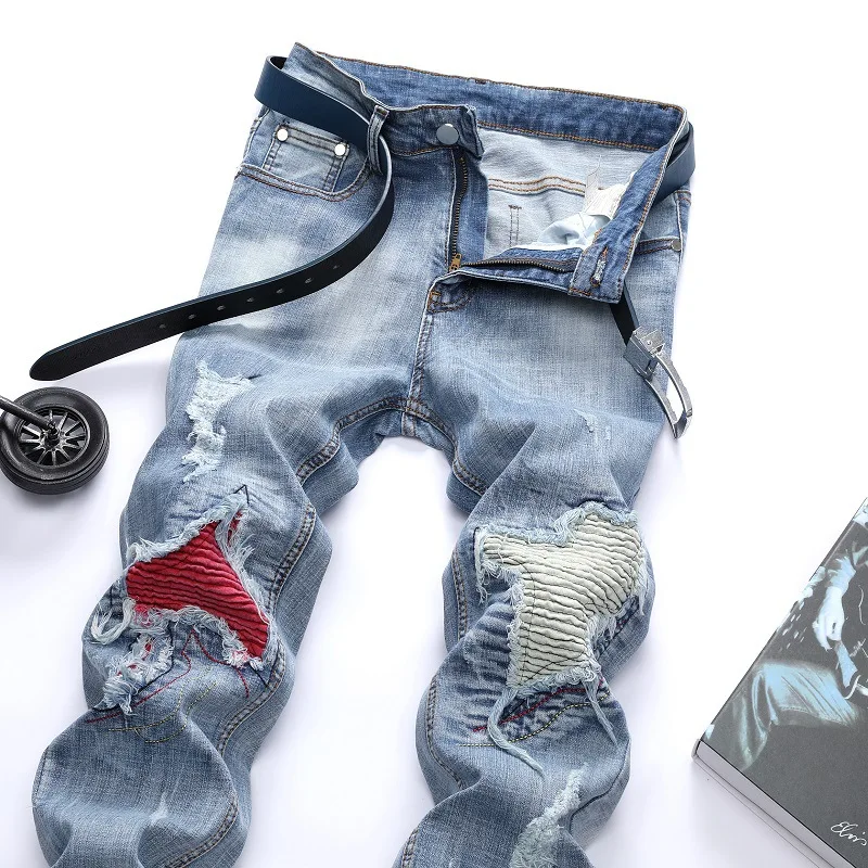

European and American Foreign Trade Jeans Light Color Stretch Motorcycle Pants Ripped Jeans Trend Men's Pants
