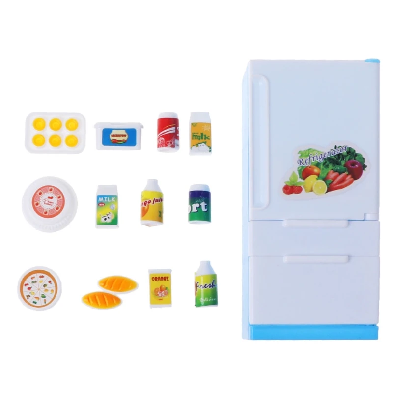 Refrigerator Play Set Doll House Fridge Freezer With Food Kid Toy | Kitchen Toys