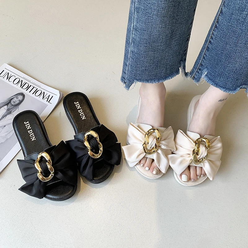 

Women Platform Slippers Vogue Chain Design Elegant Bow-knot Upper Decoration Summer Open-toe Sandals Black Casual Women Shoes