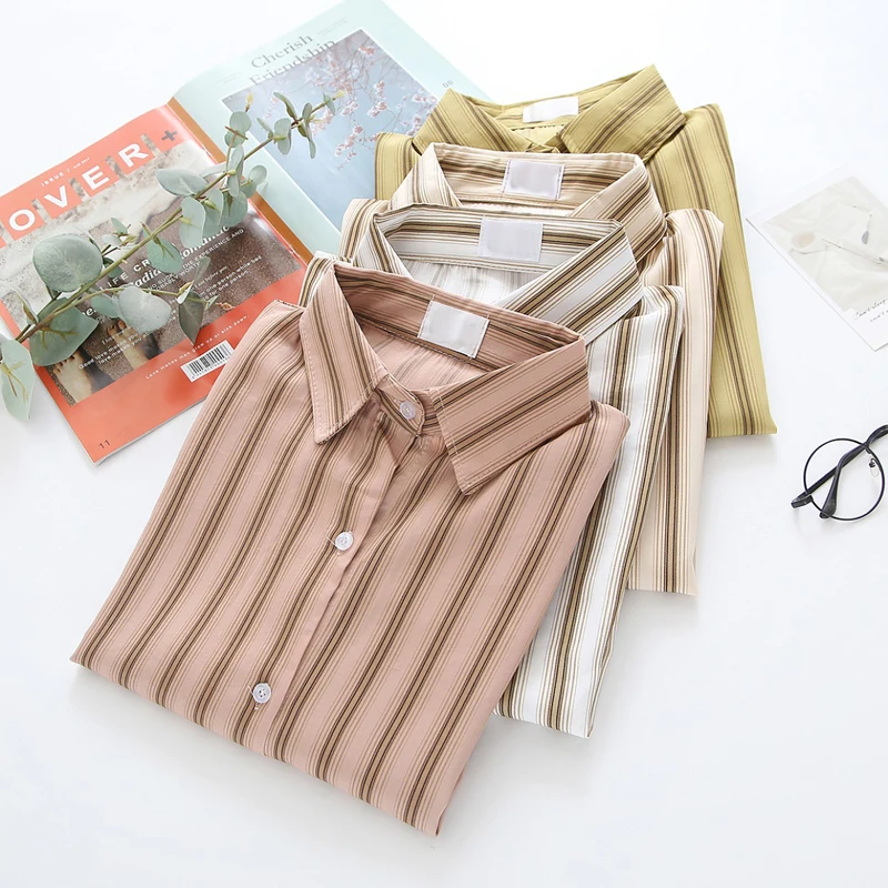 

Шикарная полосатая рубашка для школьниц, женская блузка в стиле преппи, Свободный Топ с длинным рукавом и пуговицами, с отворотом, женские б...