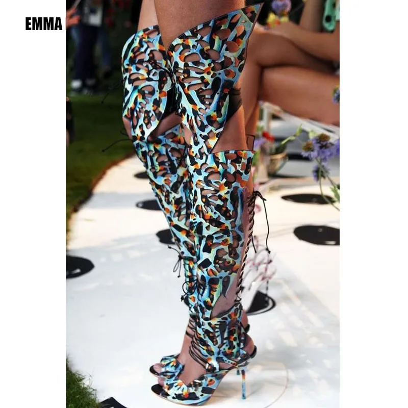 

2021 Sexy Night Club Boots Lady Summer Hollow out Shoes Fashion Over The Knee Boots Peep Toe Butteryfly Catwalk Sandals Boots