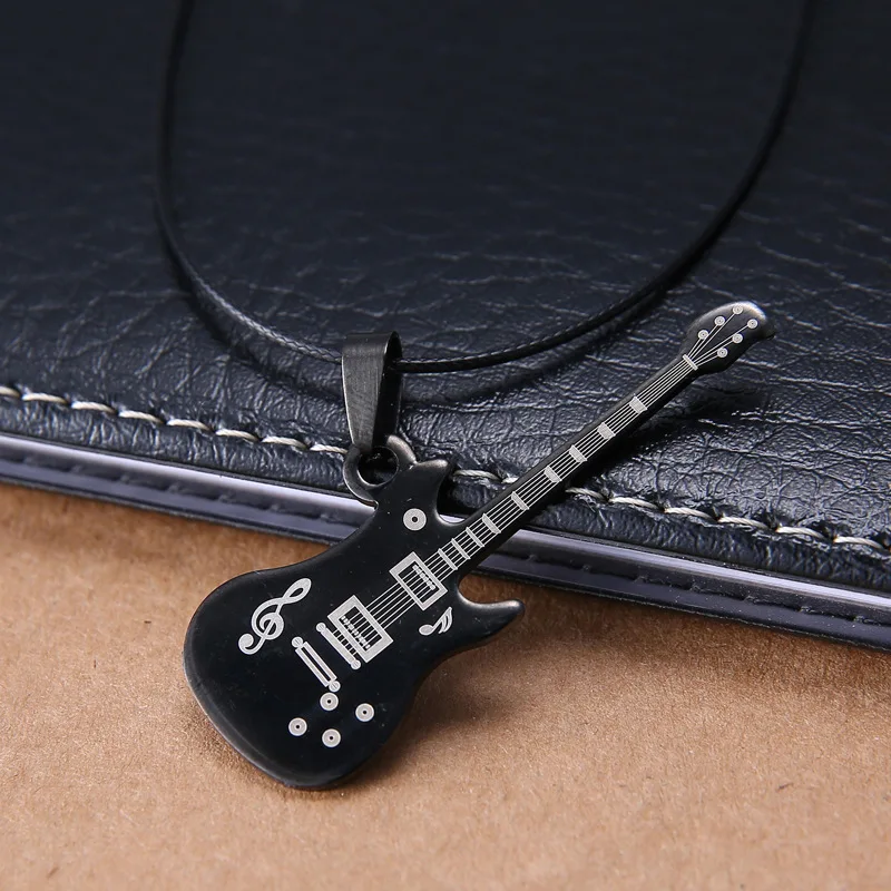 Fashion Stainless Steel Guitar Necklace For Men Pendants Leather Chain Necklaces | Украшения и аксессуары