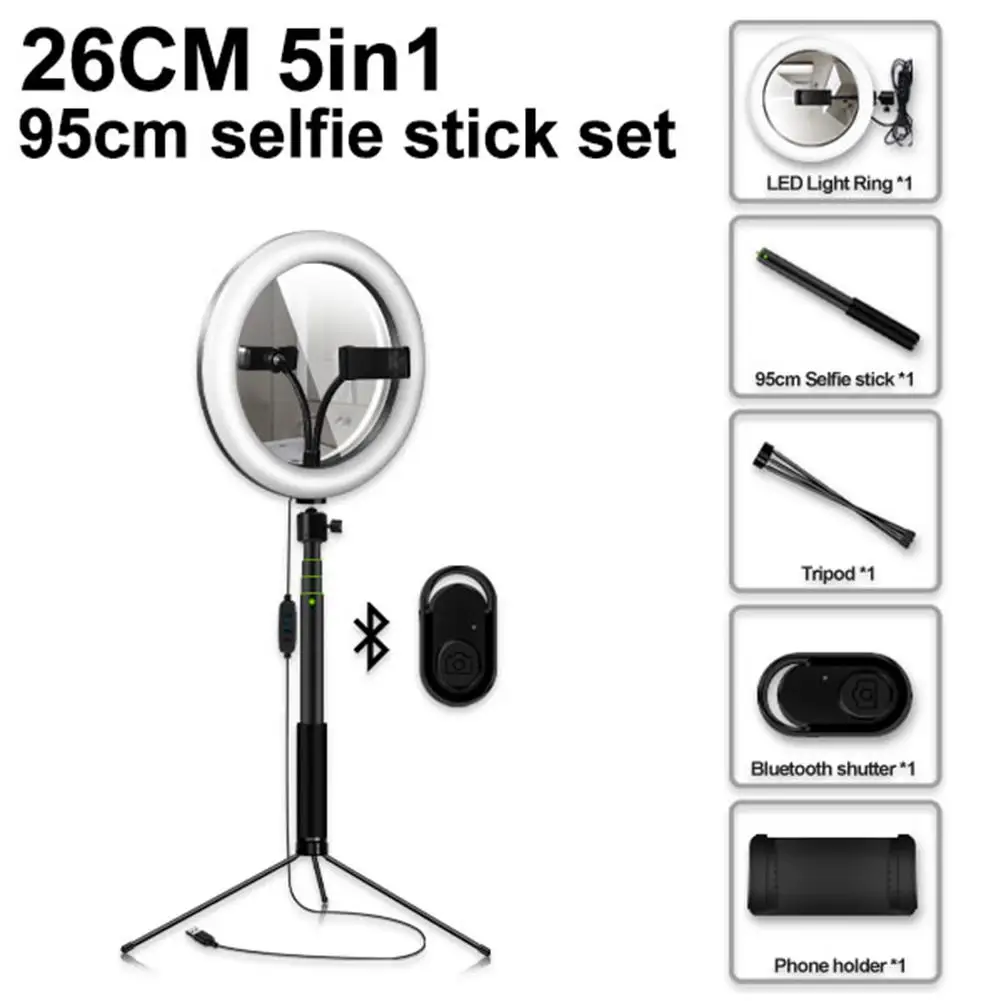 

26CM Fill Light Selfie With Mirror Stick Tripod Mobile Phone Clip Bluetooth Remote Control Desktop Ground Ring Light Set For Liv