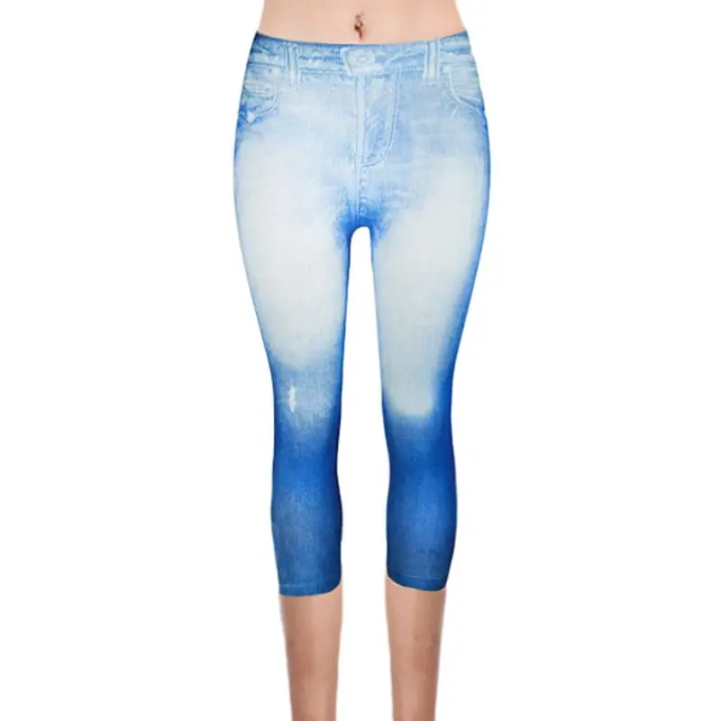 

Womens Plus Size Fake Jeans Capri Pants Retro Wash Color Butterfly Denim Print Leggings High Waist Cropped Elastic Tights XS-3XL