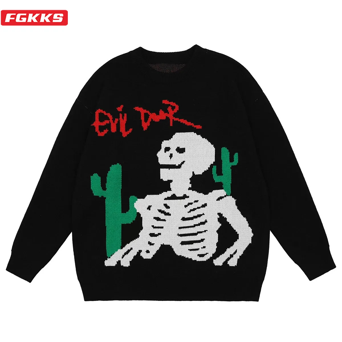 

FGKKS Men Oversized Sweater Black Loose Cactus Skeleton Bone Printed High Quality High Street Vintage Knitted Pullover Sweater