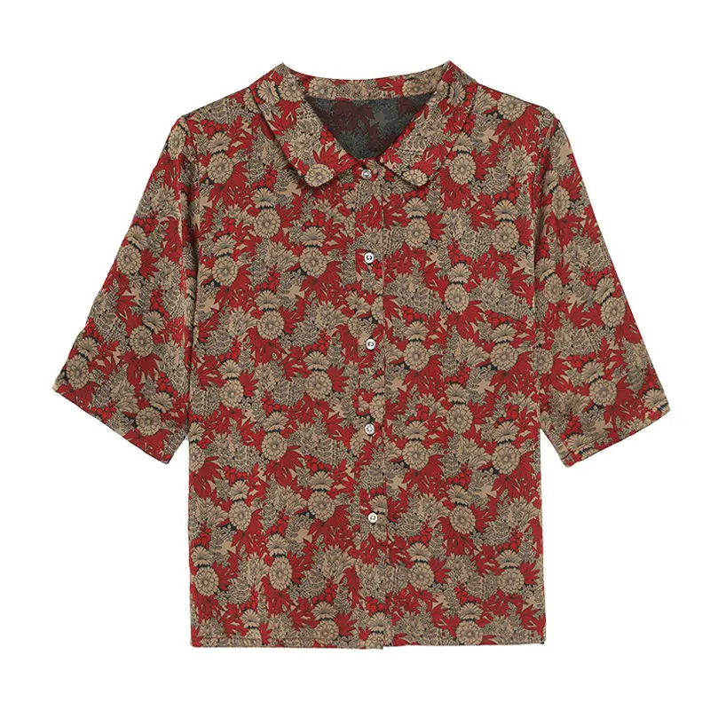 

Silk Shirt Women's High-end Foreign Style Middle-aged People's Printed Silk T-shirt Loose Size Mother's Wear