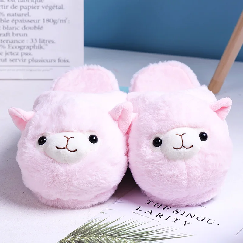 Женские меховые тапочки с милым мультяшным рисунком альпака теплые плюшевые