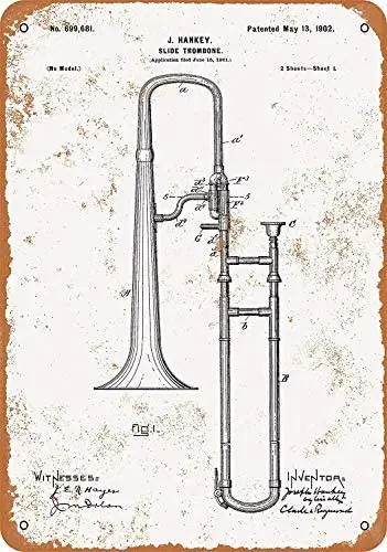 

12 x 16 Inches Metal Sign - 1902 Slide Trombone Patent - Vintage Look Wall Decoration