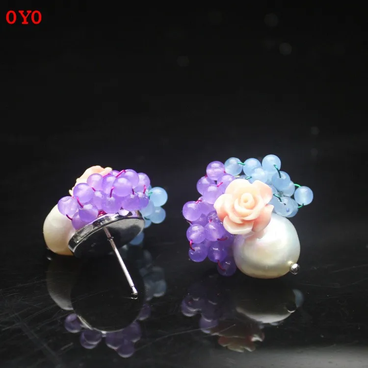 

925 Sterling Silver Nail Hypoallergenic Earrings Hand Made Tianhe Stone Natural Pearl Earrings