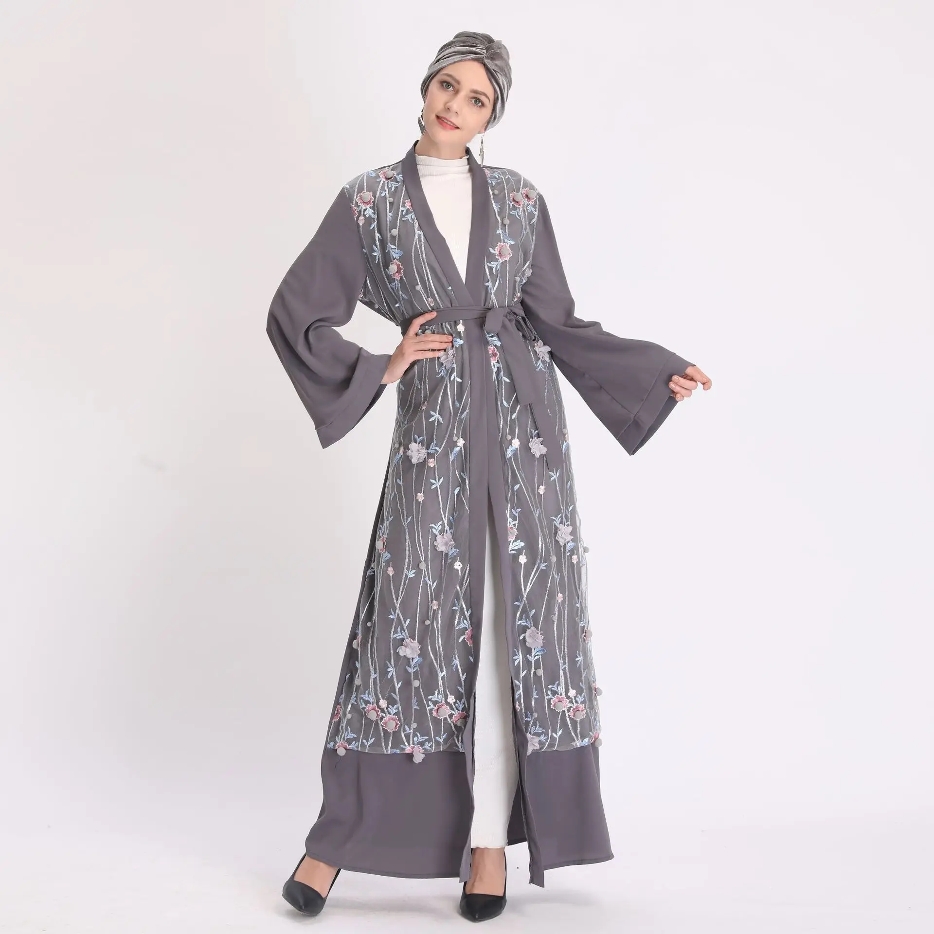 

2020 Ramadan Eid 3D Flower Embroidery Abaya Dubai Turkish Mubarak Kimono Cardigan Abaya Muslim Islamic Clothing Robe Musulman