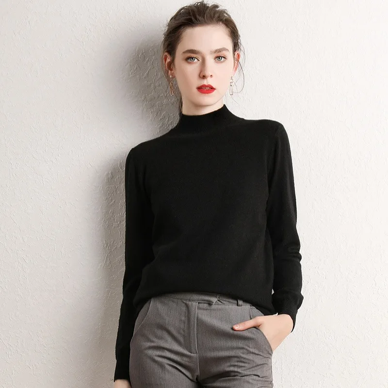 

Autumn and winter knitted half-high women's collar cardigan women's long-sleeved pullover all-match sweater bottoming shirt