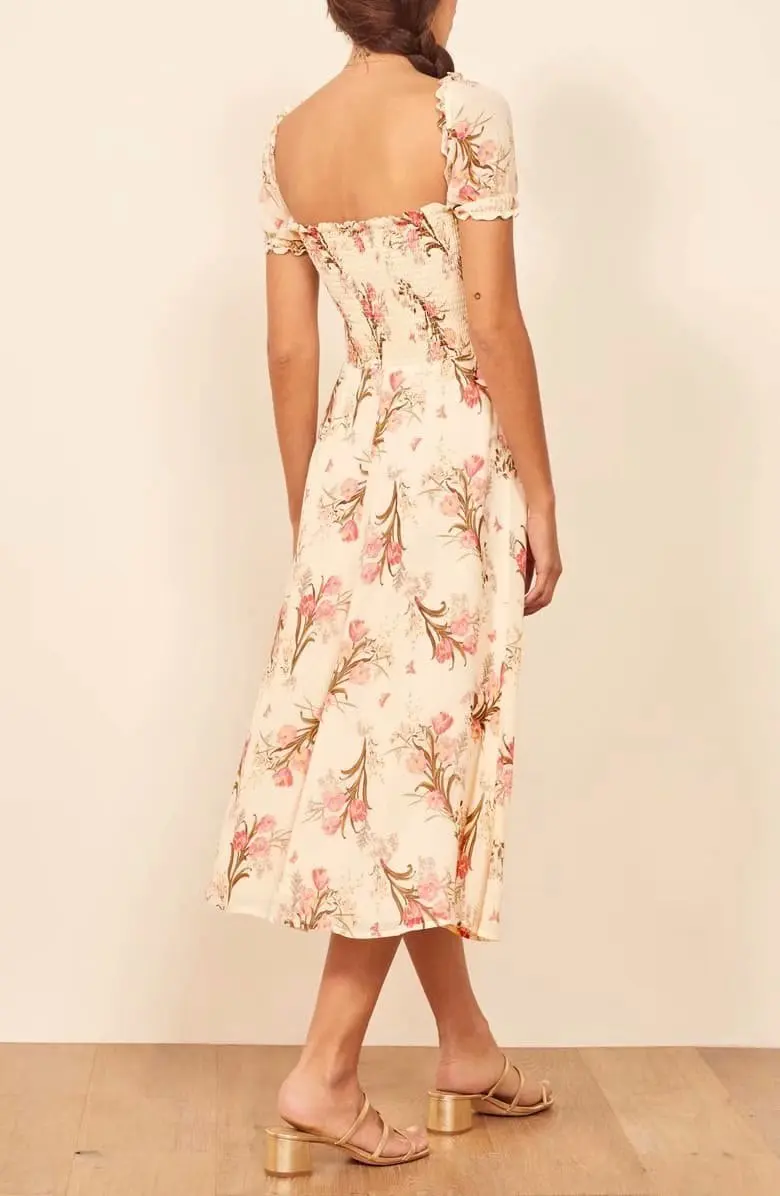 Винтажное летнее платье с разрезом от бедра квадратным вырезом женское тонкое