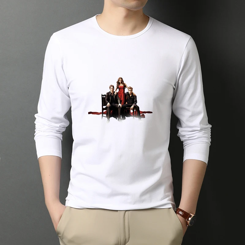 Vampire Diaries 100% Cotton T Shirt Men Casual O-neck Long Sleeved Mens Tshirts Autumn Boys T-shirt Male Tops Tees