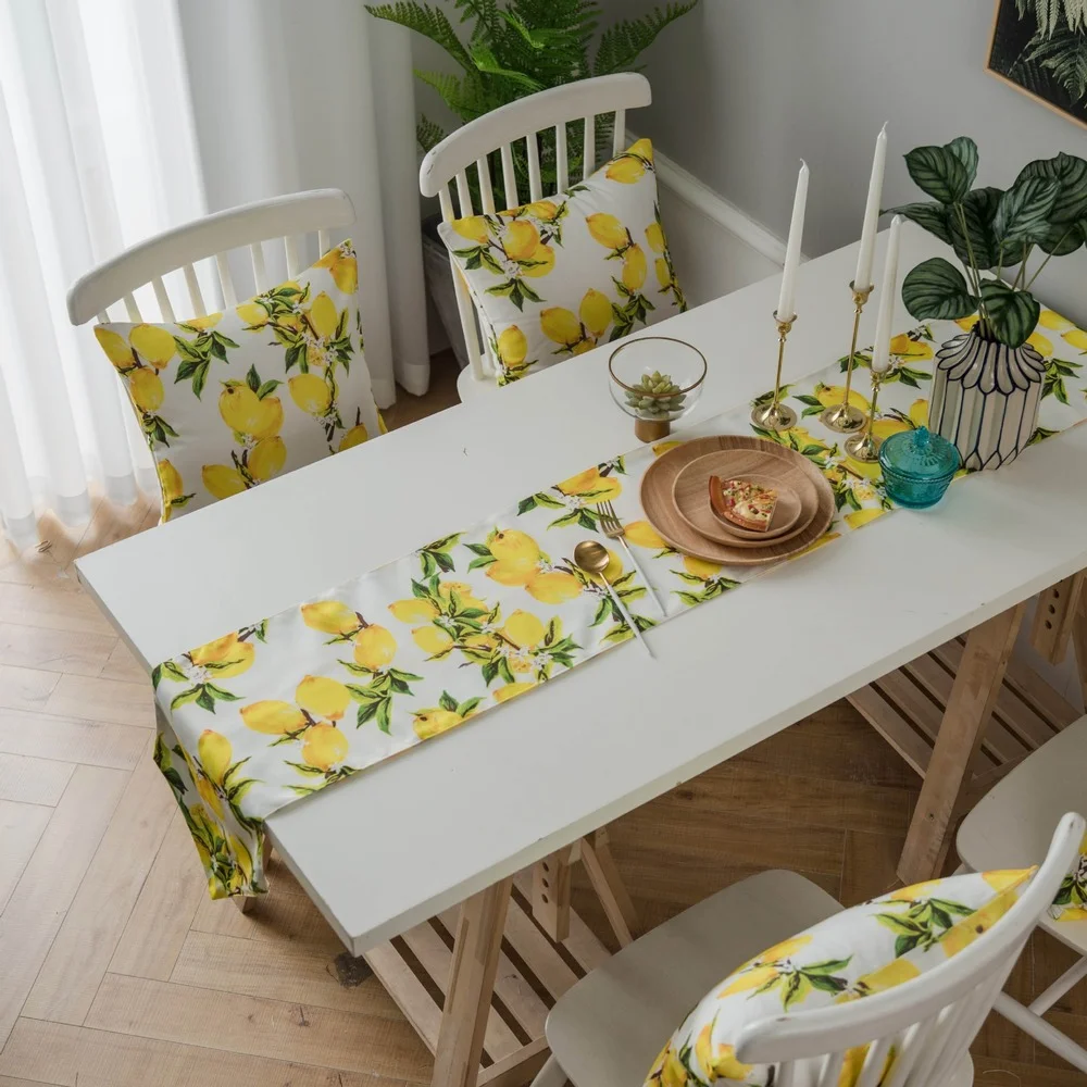 

Настольная дорожка с желтым лимонным принтом, садовый обеденный стол с растениями, подставка под телевизор, кофейный столик, двойная подсти...