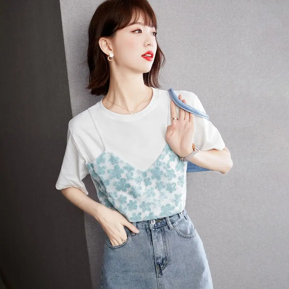 

Summer Korean COTTON Fake two T Shirt for Women Stripe Short Sleeve Woman Tshirts Plus Size XXL Office Lady Oversized T Shirt