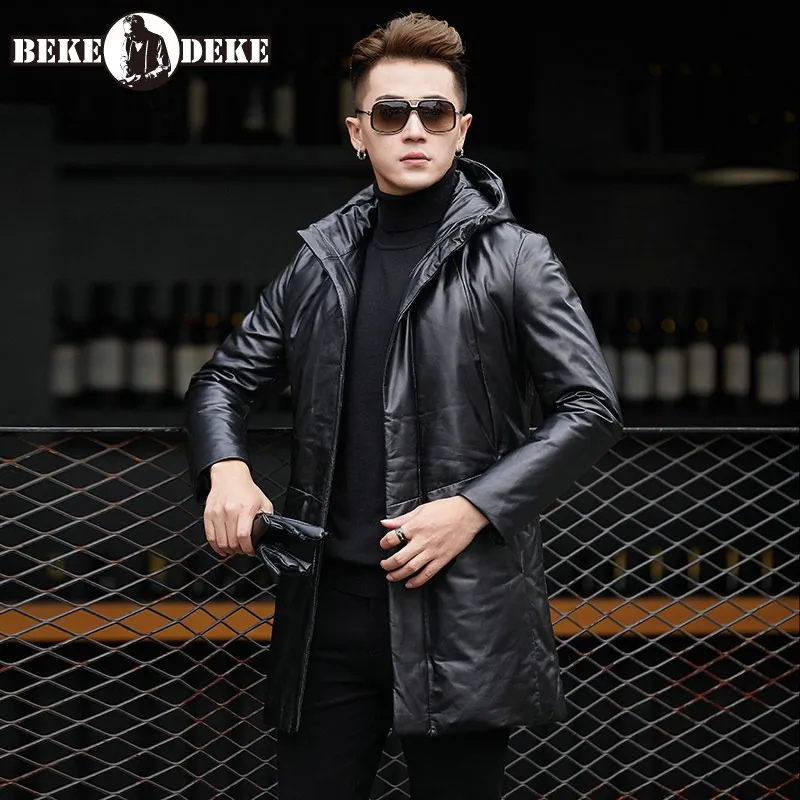 

Brand Winter Warm Real Leather Down Coat Men High Street Slim Sheepskin Hooded Outerwear 2020 New Business Casual Down Jacket
