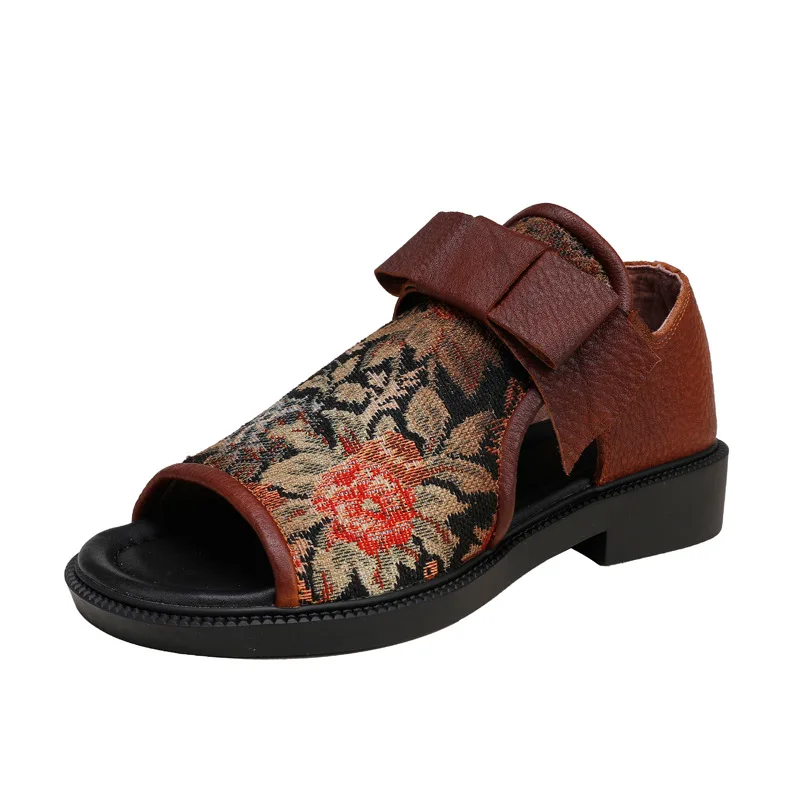 

Birkuir Original Retro Women Sandals Summer Chinese Style Bow Shoes Open Toe Handmade Shoes Beach Sandals Ladies Flat Bottomed