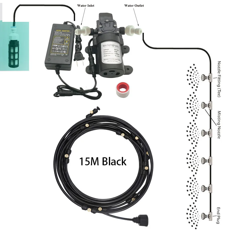 Black 15M Kit 6 м-18 м садовая система водяного тумана система охлаждения водяного тумана распылитель для орошения запотевание для зеленых цветов - Цвет: Black 15M Kit