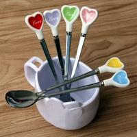 6 types love hearts ceramic handle stainless steel coffee spoon with long handle ice cream dessert tea spoon kitchen tableware