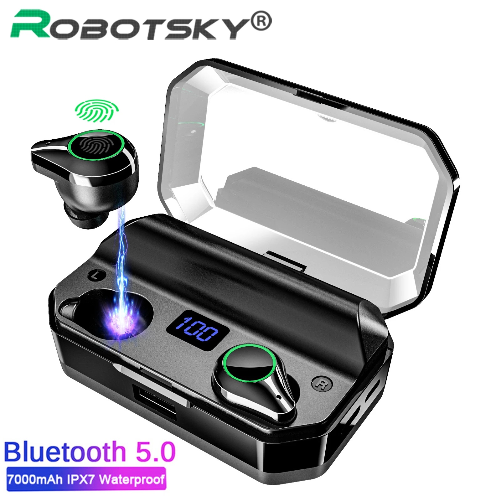 Robotsky беспроводные наушники TWS Bluetooth V5.0 9D стерео IPX7 водонепроницаемый 7000 мАч светодиодный блок питания телефон беспроводные наушники вкладыши