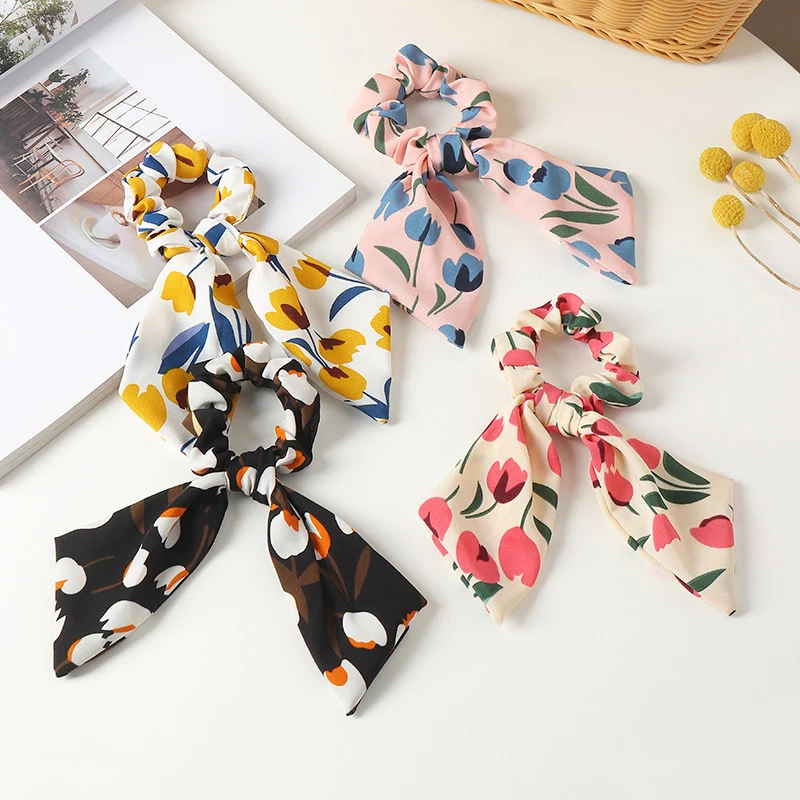 

DIY Floral Print Bow Satin Long Ribbon Ponytail Scarf Hair Tie Scrunchies Women Girls Elastic Hair Bands Hair Accessories