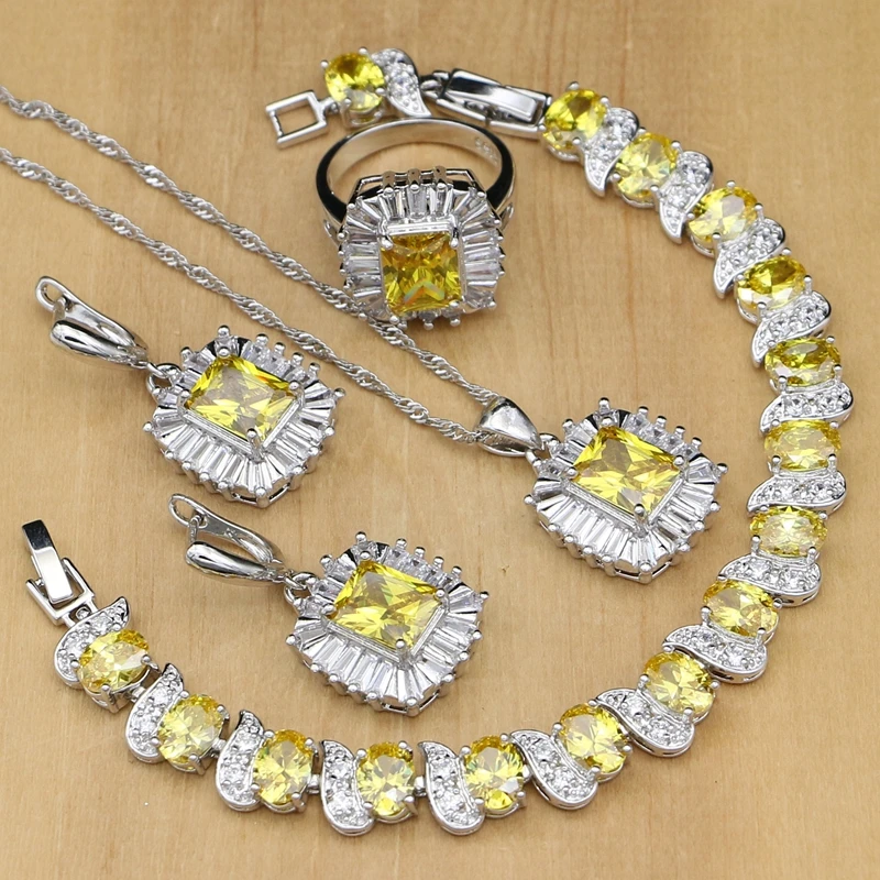 

925 Silver Bridal Jewelry Sets Natural Square Yellow Zircon Jewelry For Women Wedding Earrings/Pendant/Rings/Necklace Set