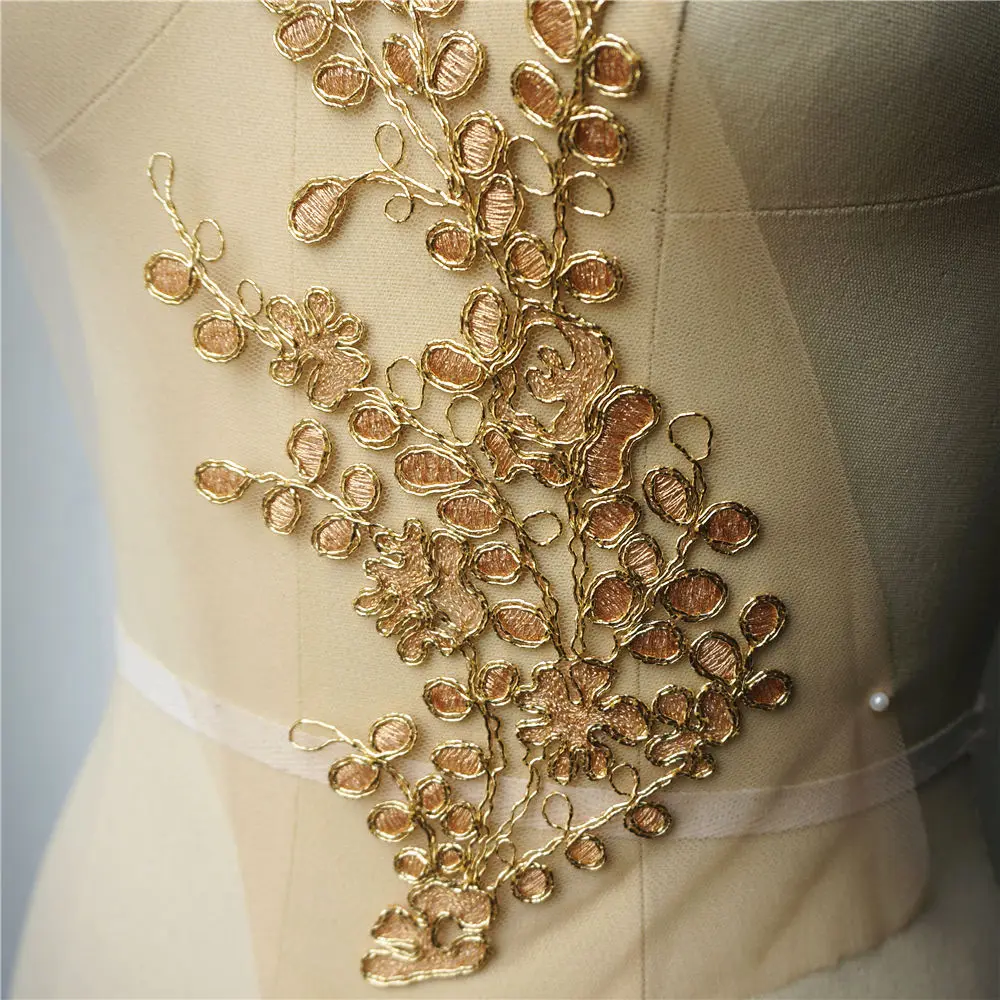 Золотая вышитая Цветочная аппликация кружевная ткань отделка воротника