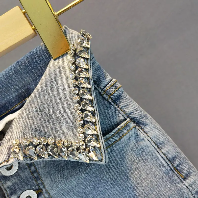 

2021 Spring Summer Blue Skinny Jeans Fashion New European High Waist Denim Pants Diamond-Embedded Stretchy Pencil Trousers