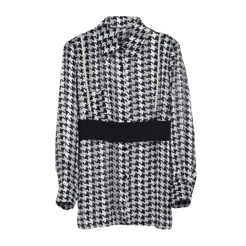 

2PCS Button Up Houndstooth Plaid Shirt with Pearls Sling Belt Ladies Elegant Chiffon Blouse Blusas Fashion Casual Suit