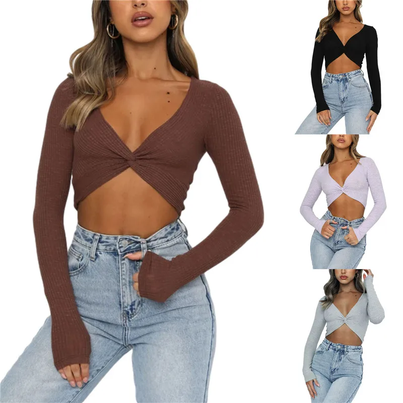 

Autumn Women Deep V-neck Long Sleeve Crop Tops Solid Color Slim Knitting T-shirt Casual Exposed Navel Knitwear