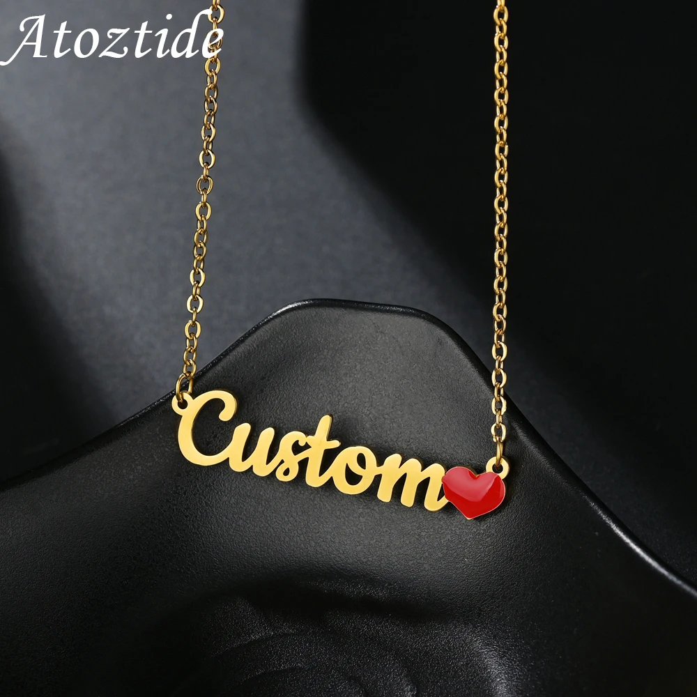 

Atoztide Customized Fashion Stainless Steel Name Red Heart Personalized Letter Love Choker Necklace Pendant Nameplate Gift