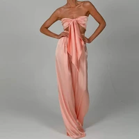 peach satin two piece set 2021 new strapless top and high waisted wide leg trousers pants sets women summer sexy party outfits