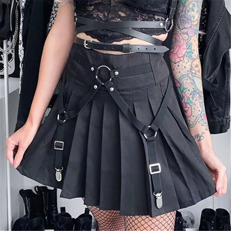 

Bandage Gothic Black Pleated Mini Skirt Sashes Patchwork Pentagram Punk Belt Skirts Party Club High Waist Streetwear