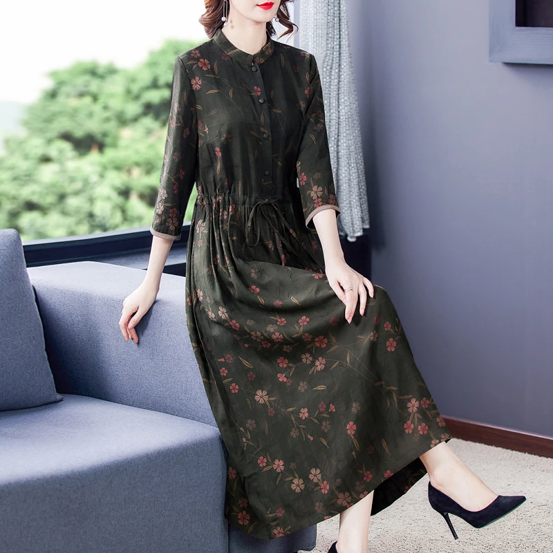 

2022 Spring Vintage loose Floral Silk Maxi Dress Autumn Women Elegant Casual Midi Dress New Bodycon Print Party evening Vestidos