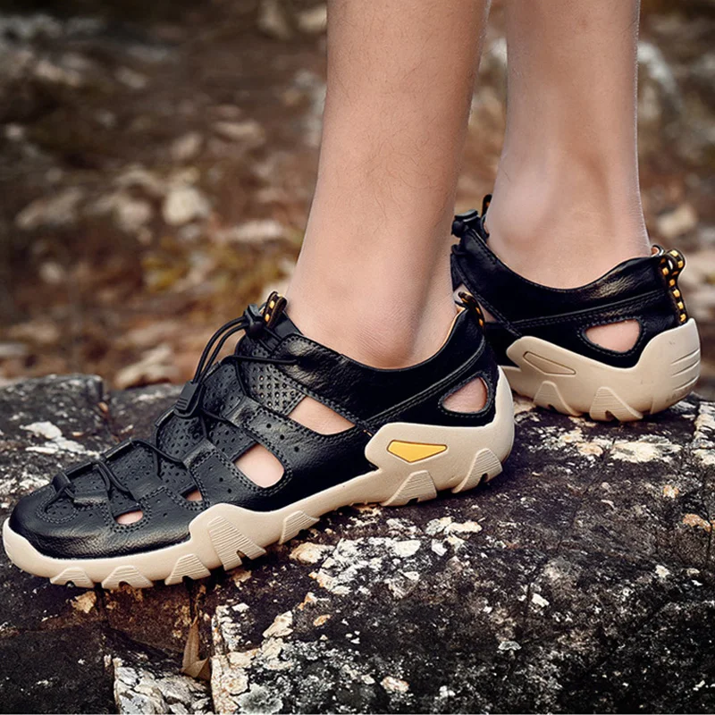 Мужские сандалии из натуральной кожи летняя пляжная обувь нескользящая бычья